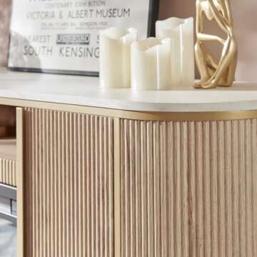 OKD Luxury 70" Fluted Fireplace TV Stand, Modern Chic Entertainment Center for TVs Up to 80 inches, TV Console with Faux Marble Top, Curved Profile Design, Media Console for Living Room, Natural Oak