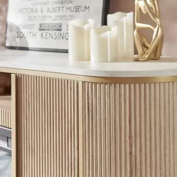 OKD Luxury 70" Fluted Fireplace TV Stand, Modern Chic Entertainment Center for TVs Up to 80 inches, TV Console with Faux Marble Top, Curved Profile Design, Media Console for Living Room, Natural Oak