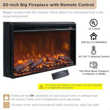 OKD Luxury 70" Fluted Fireplace TV Stand, Modern Chic Entertainment Center for TVs Up to 80 inches, TV Console with Faux Marble Top, Curved Profile Design, Media Console for Living Room, Natural Oak