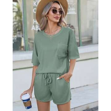 Andeip Women's Waffle Knit Pajamas Set Short Sleeve Top and Shorts Loungewear 2 Piece Sleepwear Pjs ...