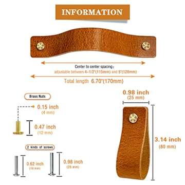 Jililil Leather Drawer Pulls, Brown Cabinet Handles 6 Pack, Soft Handles Hole Pitch Adjustable, Perfect Replacement of Metal Dresser Hardware (5 Inch Hole Centers)