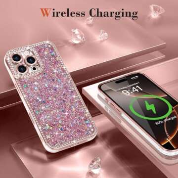 Lafunda for iPhone 16 Pro Max Case Glitter, Luxury Shiny Bling Sparkly Bumper Cover with Crystal Diamonds for Women Girls Soft Slim Shockproof Protective Phone Case for iPhone 16 Pro Max 6.9", Pink