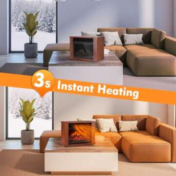 Small Electric Fireplace Heater, LifePlus Mini Wooden Space Tabletop Fireplace with 3D Realistic Fla...