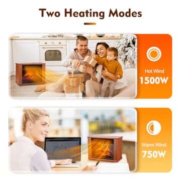 Small Electric Fireplace Heater, LifePlus Mini Wooden Space Tabletop Fireplace with 3D Realistic Flame Effect, Cool and Safe to Touch, Perfect for Study Bedroom Office, Overheating Protection, 1500W
