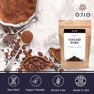 OJIO Raw Cacao Nibs - Dark Chocolate Nibs - No Sugar, Crunchy, Deep Flavor, Paleo, Non-GMO, Kosher, Superfood, Gluten Free Cocoa Nibs - 8 oz (Pack of 1)