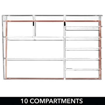 mDesign Practical Makeup Storage – Decorative Storage Bin for Nail Polish, Eyeshadows etc – 10 Compartments Makeup Organizer for Cosmetics – Transparent/Rose Gold