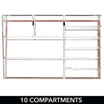 mDesign Practical Makeup Storage – Decorative Storage Bin for Nail Polish, Eyeshadows etc – 10 Compartments Makeup Organizer for Cosmetics – Transparent/Rose Gold