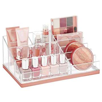 mDesign Practical Makeup Storage – Decorative Storage Bin for Nail Polish, Eyeshadows etc – 10 Compartments Makeup Organizer for Cosmetics – Transparent/Rose Gold