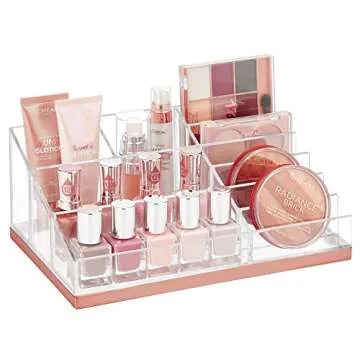 mDesign Practical Makeup Storage – Decorative Storage Bin for Nail Polish, Eyeshadows etc – 10 Compartments Makeup Organizer for Cosmetics – Transparent/Rose Gold