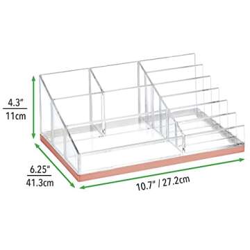 mDesign Practical Makeup Storage – Decorative Storage Bin for Nail Polish, Eyeshadows etc – 10 Compartments Makeup Organizer for Cosmetics – Transparent/Rose Gold