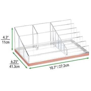 mDesign Practical Makeup Storage – Decorative Storage Bin for Nail Polish, Eyeshadows etc – 10 Compartments Makeup Organizer for Cosmetics – Transparent/Rose Gold