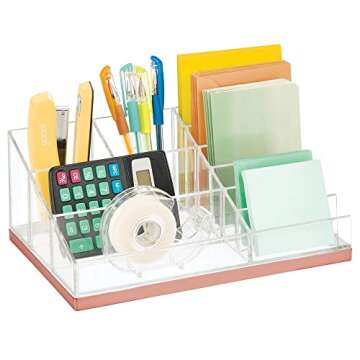 mDesign Practical Makeup Storage – Decorative Storage Bin for Nail Polish, Eyeshadows etc – 10 Compartments Makeup Organizer for Cosmetics – Transparent/Rose Gold