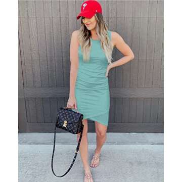 BTFBM Women 2024 Summer Sleeveless Tank Dresses Crew Neck Slim Fit Short Casual Ruched Bodycon Party...