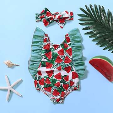 HAPPYMA Infant Toddler Baby Girl One-Piece Swimsuit - Watermelon & Headband 2Pcs Swimwear Outfits