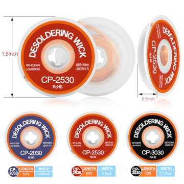 JoTownCand 3 Pcs Premium Desoldering Wick Set, 10FT No Clean Low Residue Solder Wick Braid (0.08, 0....