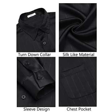 COOFANDY MenDress Shirt Slim Fit Long Sleeve Shirts Casual Silk Satin Button Up Shirt (Black, Large)