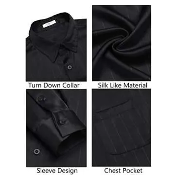 COOFANDY MenDress Shirt Slim Fit Long Sleeve Shirts Casual Silk Satin Button Up Shirt (Black, Large)