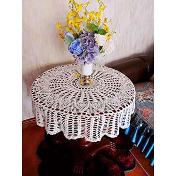 USTIDE Handmade Crochet Cotton Tablecloth Round Beige Crochet Tablecloths for Wedding 31 Inches