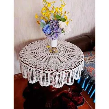 USTIDE Handmade Crochet Cotton Tablecloth Round Beige Crochet Tablecloths for Wedding 31 Inches