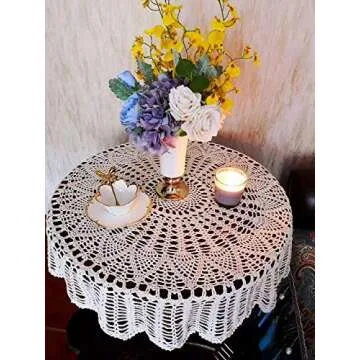 USTIDE Handmade Crochet Cotton Tablecloth Round Beige Crochet Tablecloths for Wedding 31 Inches