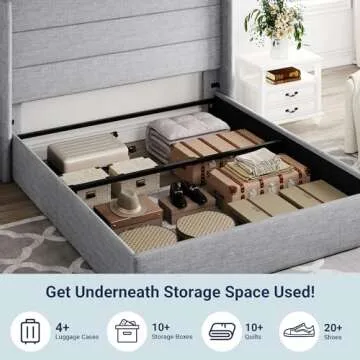 Allewie Queen Size Lift Up Storage Bed, Modern Wingback Headboard, Hydraulic Support, No Box Spring Needed, Light Grey