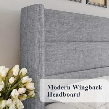 Allewie Queen Size Lift Up Storage Bed, Modern Wingback Headboard, Hydraulic Support, No Box Spring Needed, Light Grey