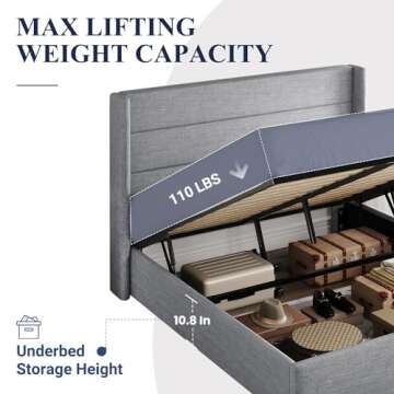 Allewie Queen Size Lift Up Storage Bed, Modern Wingback Headboard, Hydraulic Support, No Box Spring Needed, Light Grey