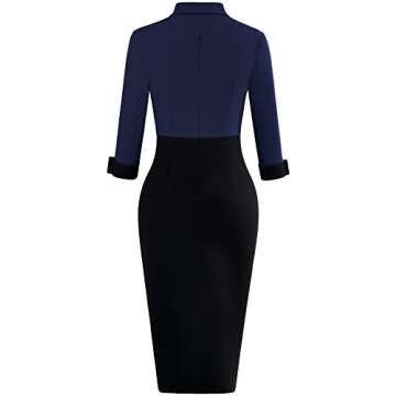 MUXXN Women's Formal Bodycon Dresses V Neck 3/4 Sleeve Midi Vintage Office Work Sheath Pencil Dress Navy Blue-Black XL