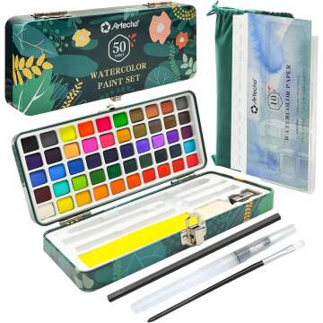 Artecho Watercolor Paint Set - 50 Colors & Brushes