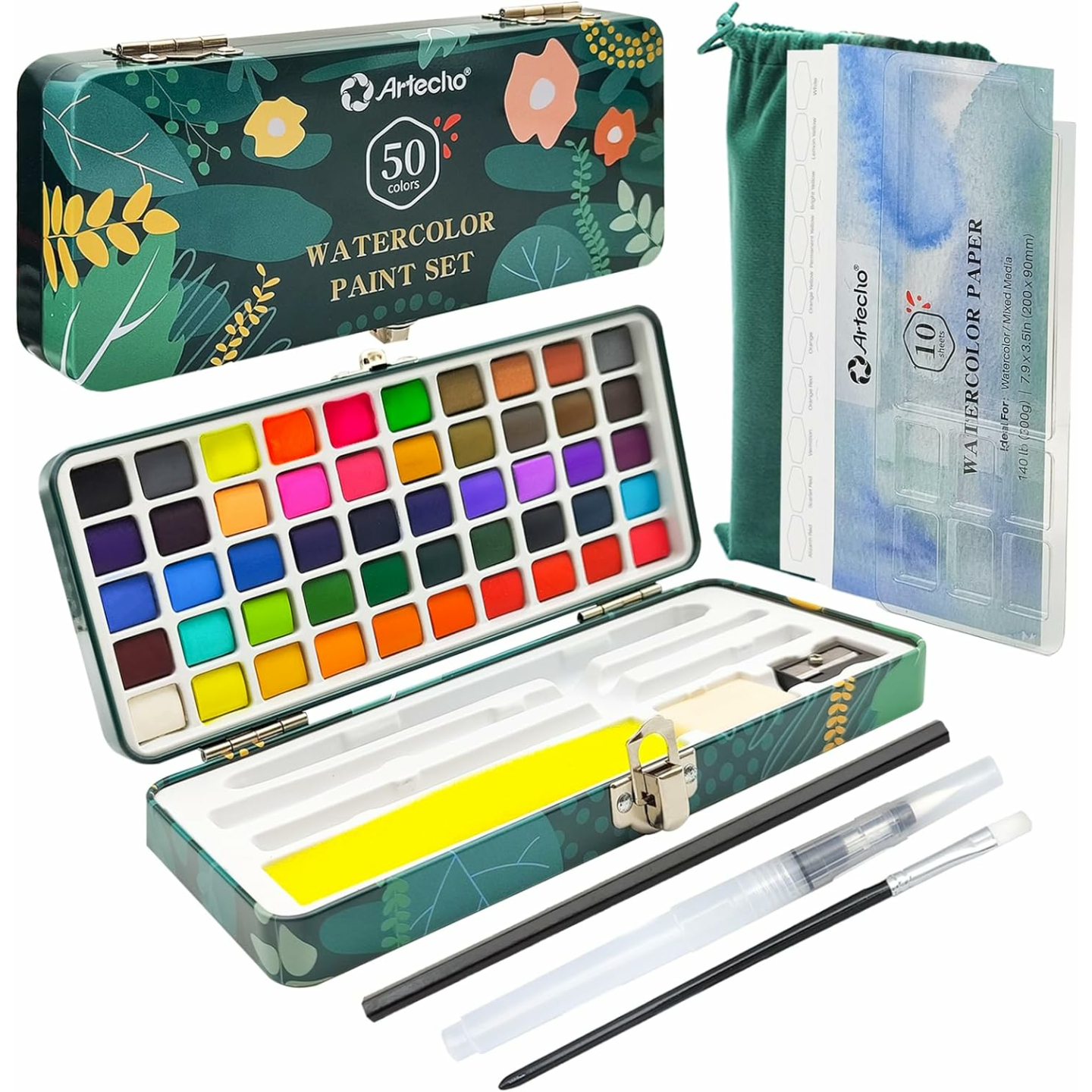 Artecho Watercolor Paint Set - 50 Colors & Brushes