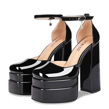 wetkiss Platform Chunky Pumps Platform Chunky Heels Women's Pumps Ankle Strap Pumps for Women Black Chunky Heels Black Platform Heels Ankle Strap Heels Chunky Platform Heels