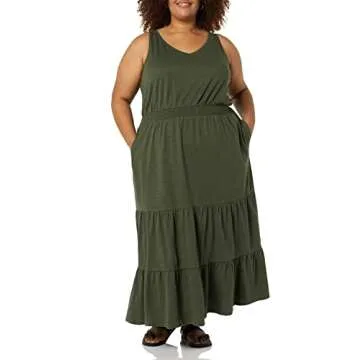 Amazon Essentials Women's Sleeveless Elastic Waist Summer Maxi Dress (Available in Plus Size), Olive, Large