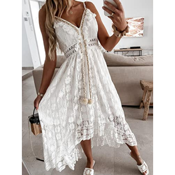 CUPSHE Women's Summer Dresses Sleeveless Lace Casual Tassel Beach Spaghetti Straps Flowy Maxi Sun Dress White, S
