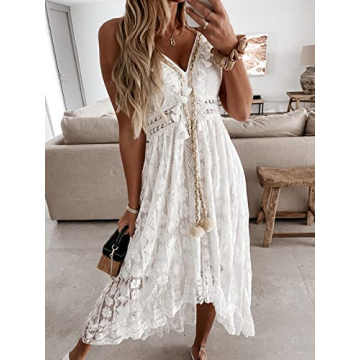 CUPSHE Women's Summer Dresses Sleeveless Lace Casual Tassel Beach Spaghetti Straps Flowy Maxi Sun Dress White, S