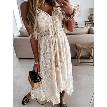 CUPSHE Women's Summer Dresses Sleeveless Lace Casual Tassel Beach Spaghetti Straps Flowy Maxi Sun Dress White, S