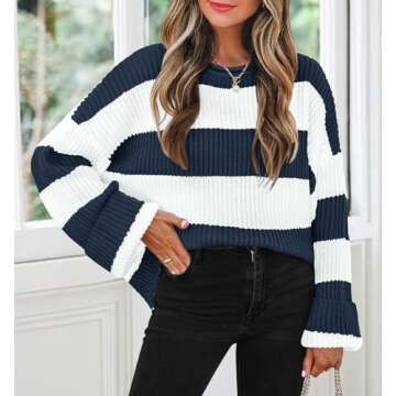 ZESICA Women's Fall Long Sleeve Crew Neck Striped Color Block Comfy Loose Oversized Knitted Pullover Sweater,Navy,Large