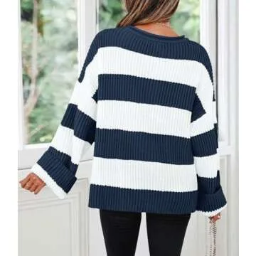 ZESICA Oversized Striped Color Block Sweater for Women