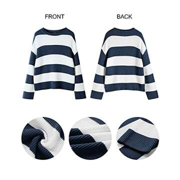 ZESICA Women's Fall Long Sleeve Crew Neck Striped Color Block Comfy Loose Oversized Knitted Pullover Sweater,Navy,Large