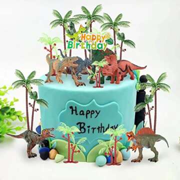 Ymeibe Dinosaur Cake Topper Large Jurassic Dino Toys Figures Palm Model Trees Cake Decoration for kids Happy Birthday Baby Shower Party Supplies 18PCS