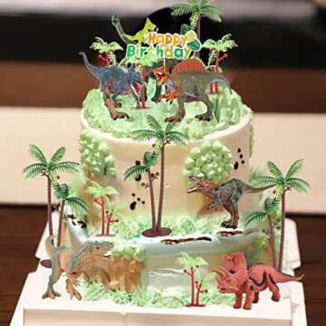 Ymeibe Dinosaur Cake Topper Large Jurassic Dino Toys Figures Palm Model Trees Cake Decoration for kids Happy Birthday Baby Shower Party Supplies 18PCS