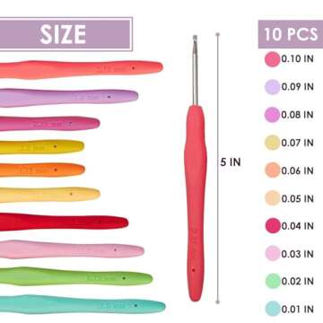 10Pcs Beginner Crochet Hook Kit – Ergonomic Aluminum Hooks with Rubber Handle