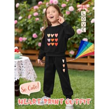 BOMDEALS Cute Toddler Girls Sweatsuit - St.Patrick's Heart Print Child Clothes, Long Sweatshirt and Sweatpants Fall Outfit(Black,120,1203b)