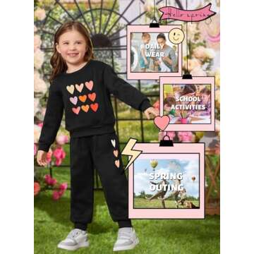 BOMDEALS Cute Toddler Girls Sweatsuit - St.Patrick's Heart Print Child Clothes, Long Sweatshirt and Sweatpants Fall Outfit(Black,120,1203b)