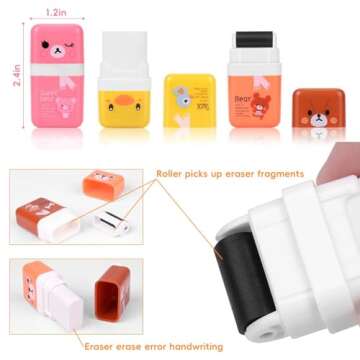EIKOSON 6 Pack of Pencil Erasers, Kids Eraser with Roller and Cover, Fun and Cute Animal Themed Eraser, Great Gift for Kid of Cute School Supplies