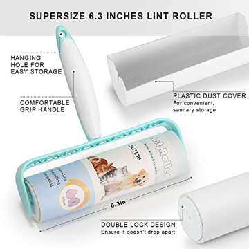 Lint Rollers for Pet Hair Extra Sticky 600 Sheets/10 Refills, SUTINE 6.3" Big Large Lint Roller Remover, Sticky Roller for Removing Lint Pet Hair Dust in Furniture/Clothes/Carpet/Car Seat,Blue