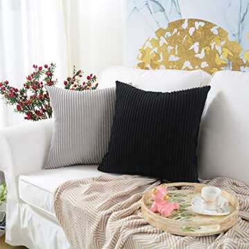 MERNETTE Pack of 2, Corduroy Soft Decorative Square Throw Pillow Cover Cushion Covers Pillowcase, Home Decor Decorations for Sofa Couch Bed Chair 24x24 Inch/60x60 cm (Striped Black)