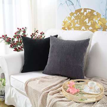 MERNETTE Pack of 2, Corduroy Soft Decorative Square Throw Pillow Cover Cushion Covers Pillowcase, Home Decor Decorations for Sofa Couch Bed Chair 24x24 Inch/60x60 cm (Striped Black)