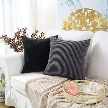 MERNETTE Pack of 2, Corduroy Soft Decorative Square Throw Pillow Cover Cushion Covers Pillowcase, Home Decor Decorations for Sofa Couch Bed Chair 24x24 Inch/60x60 cm (Striped Black)