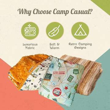 Throw Blanket for Camping - Plush Reversible Camping Blanket for Indoor & Outdoor Settings - Machine Washable Soft Blanket - 100% Polyester Cozy Blanket with Retro-Inspired Patterns, Camp Casual