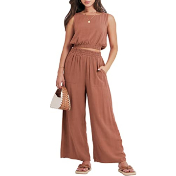 ANRABESS Women’s Summer 2 Piece Outfits Sleeveless Crop Top Tank and Wide Leg Pants Linen Jumpsuit...